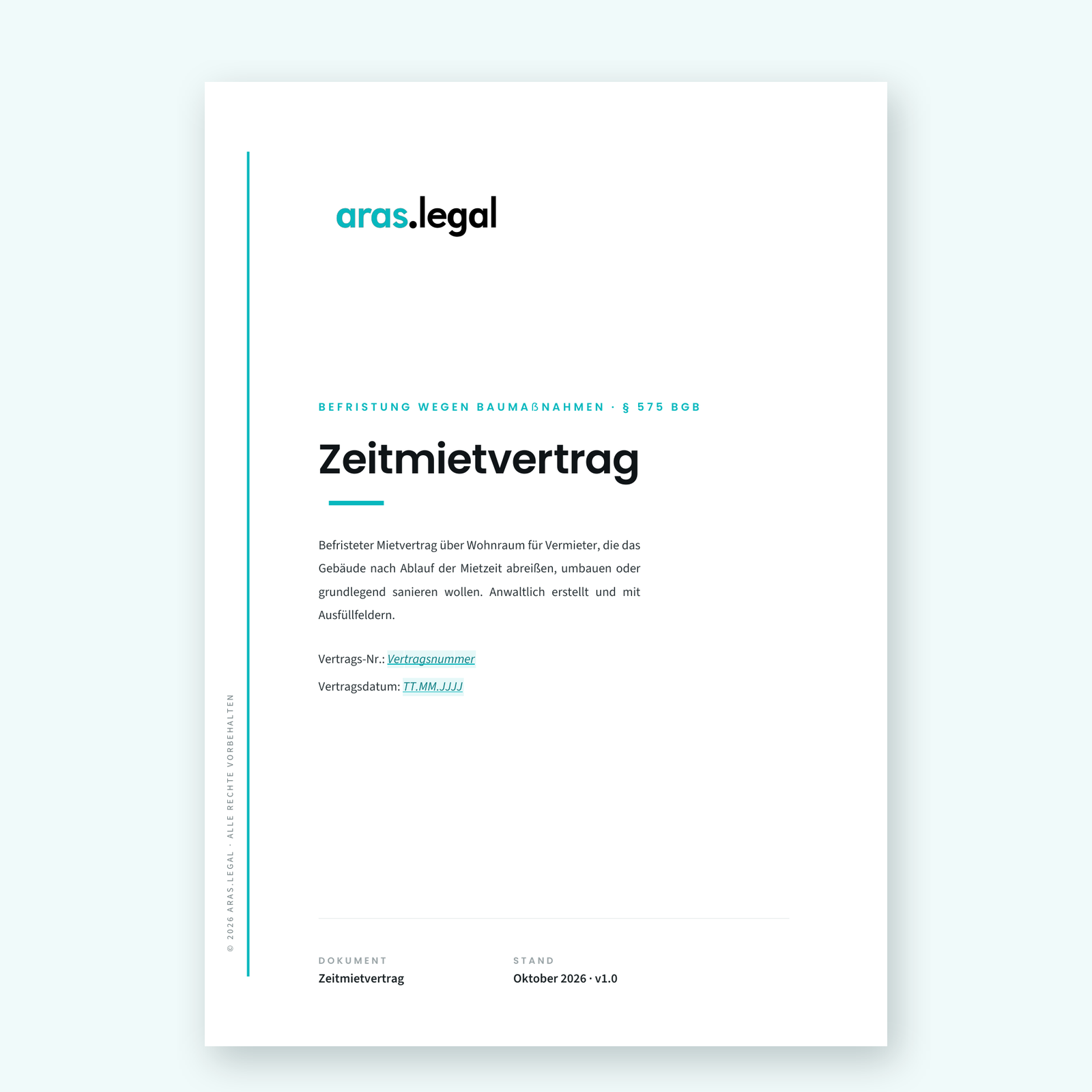 Deckblatt Zeitmietvertrag – Baumaßnahmen – aras.legal
