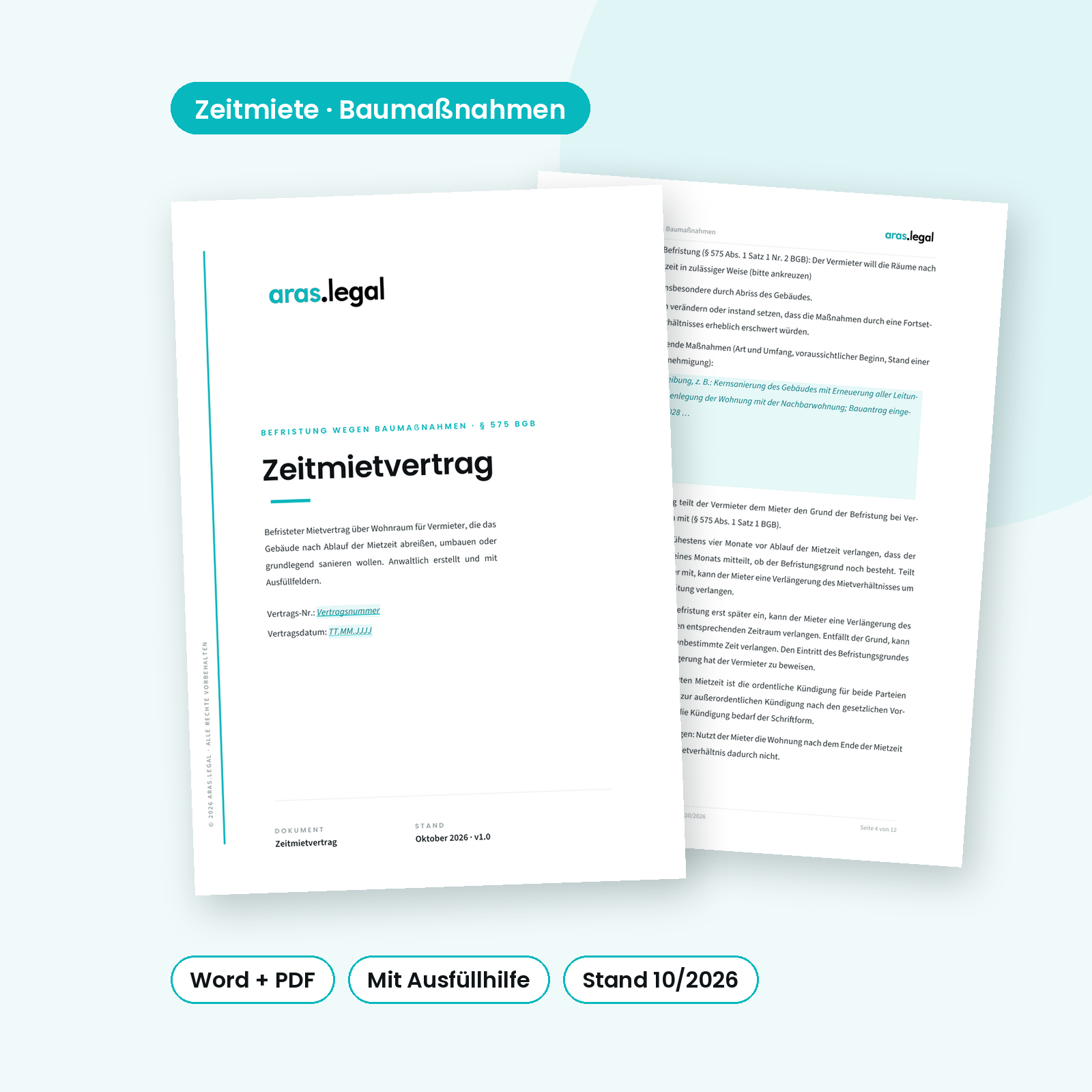Zeitmietvertrag – Baumaßnahmen – Vorlage von aras.legal als Word und PDF