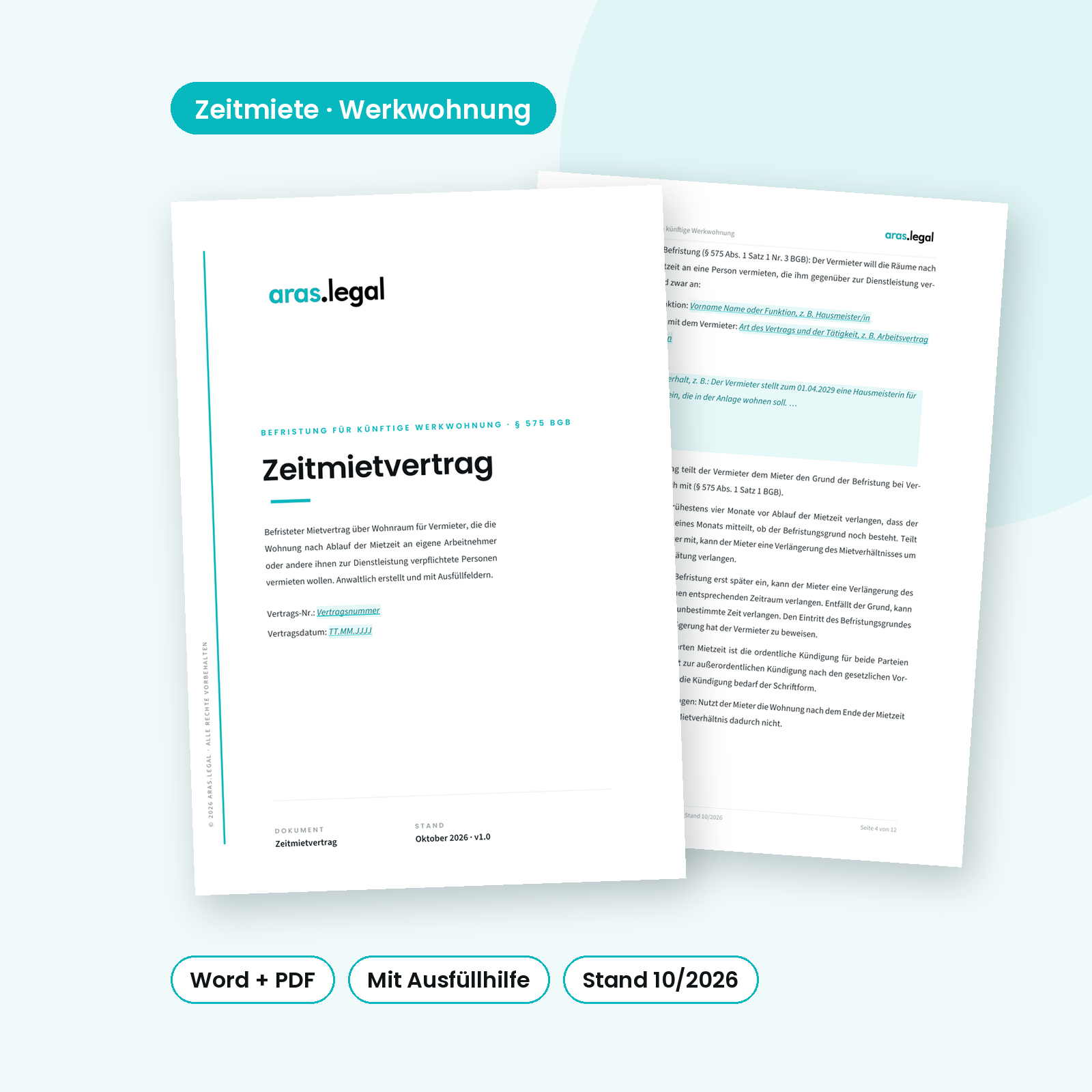 Zeitmietvertrag – künftige Werkwohnung – Vorlage von aras.legal als Word und PDF